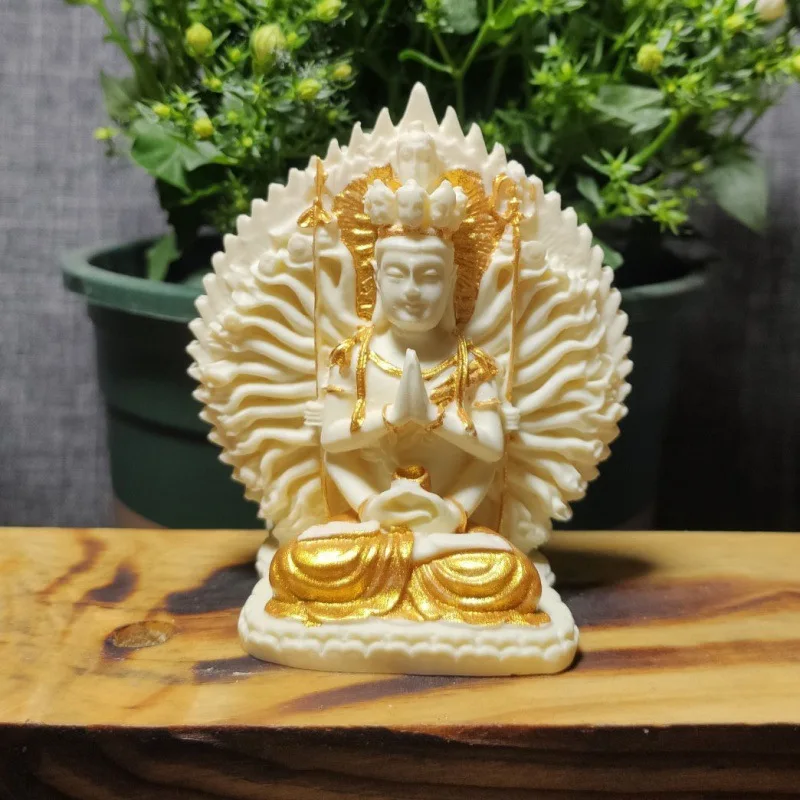 

Ivory Nut Gold Plated Thousand-Hand Kwan-Yin Car Decoration Desktop Living Room Decoration Buddha Statue Guanyin Bodhisattva Cra