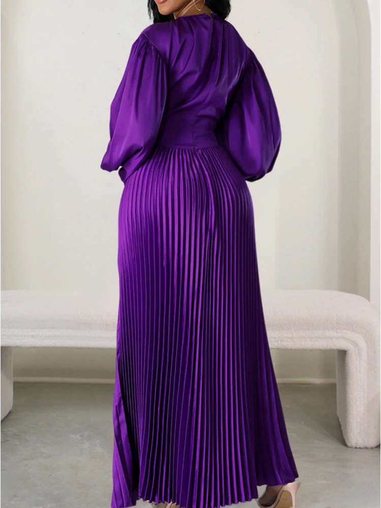 2024 Spring Pleated Loose Maxi Dresses Women Solid Ruched Lantern Full Sleeve Party Gown Elegant Long Dress Ropa de Mujer