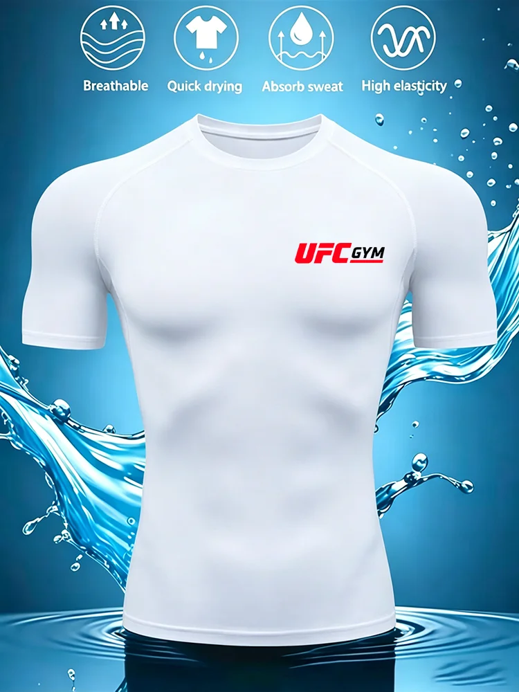 Men's UFC GYM Logo Short Sleeve Compression T-Shirt, Quick Dry, Sweat Absorbing, for Workout, Gym, Sports & Active Wear wx242