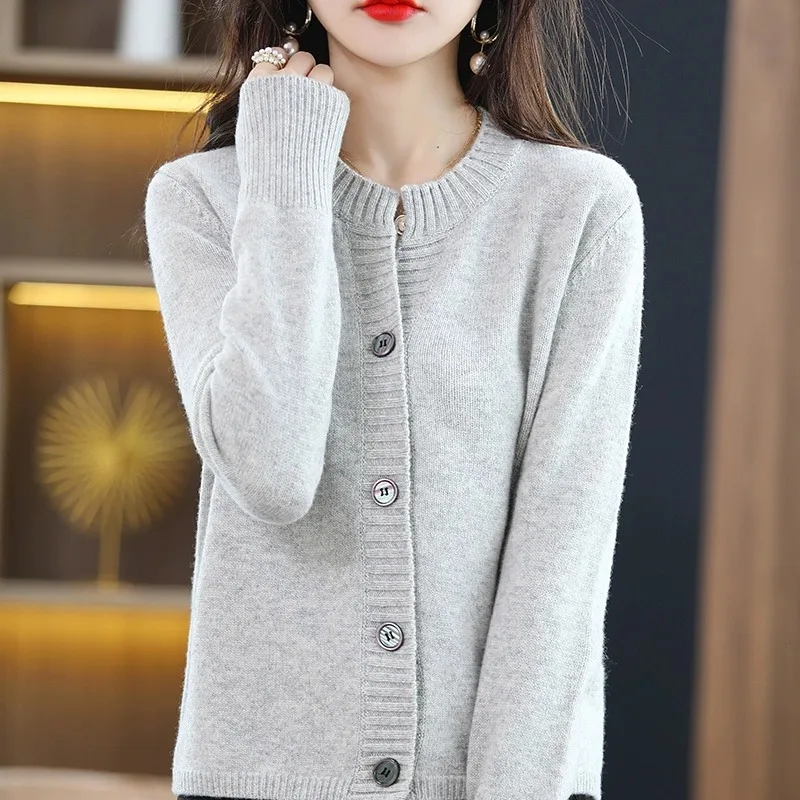 Ele Reine Baumwolle runde Ne Offene Strickjacke frauen Oberbekleidung Frühling Neue Sle Wolle Pullover Lange Sve Jaet Strickwaren