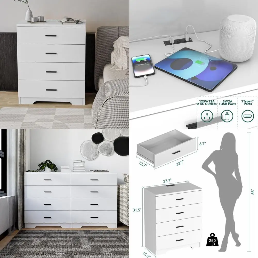 

Wooden Dresser with Power Outlets for Bedroom, Tall Chest with Large Organizer for Living Spaces