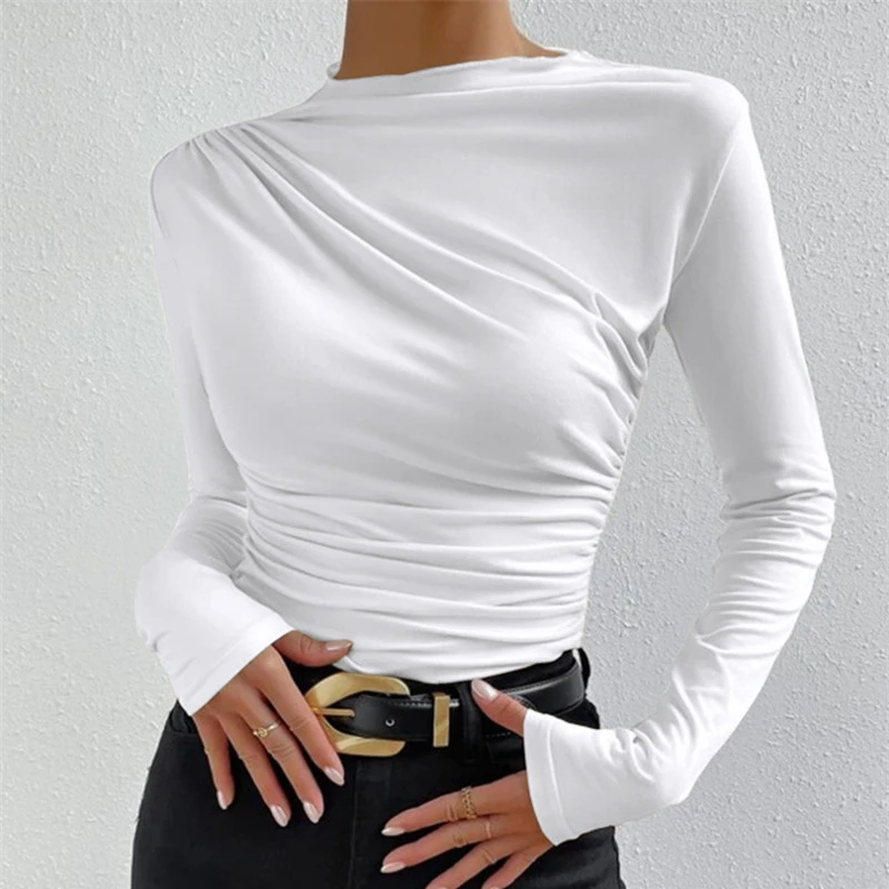 Pleating Design Long SleeveTWomen\'s Solid Color Slim Bottoming Shirt All-Matching round Neck T-shirt