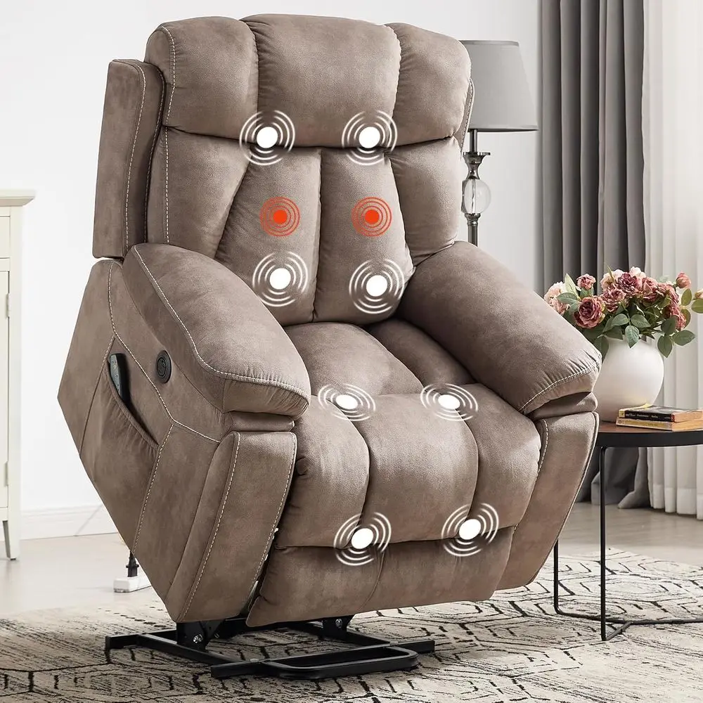

Sturdy Reclining Chair with Massage, Heat, Anti-Slip Fabric, and Cup Holders, Light Brown