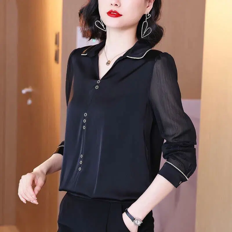 Office Lady Turn-down Collar Blouse 2022 Spring Autumn Bright Line Decoration Stylish Button Female Solid Color Patchwork Shirt