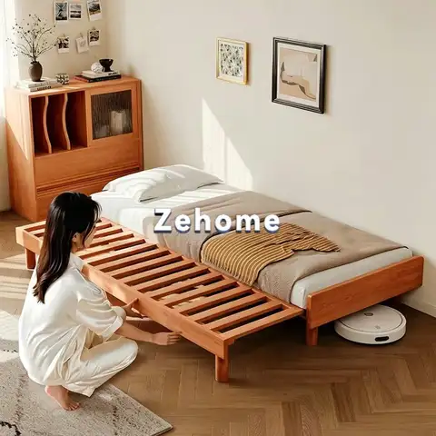 All Solid Cherry Wood Telescopic Pull Out Bed, Japanese Simple Push-Pull Folding Tatami Bed for Small Apartment