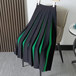 Spring And Autumn Retro Fashion Stripe Mini Knitted Skirt Women's Mixed Color Elegant High Waist Panel Versatile Pleated Skirt