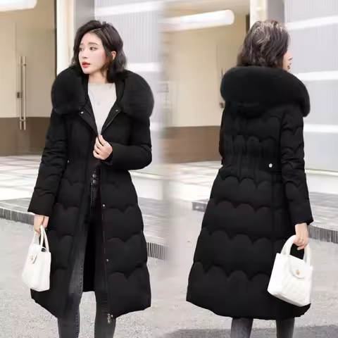 2024 New Winter Women's Padded Jackets Mid-length Fashionable Hooded Large Fur Collar Loose Thick Down Cotton Outerwear