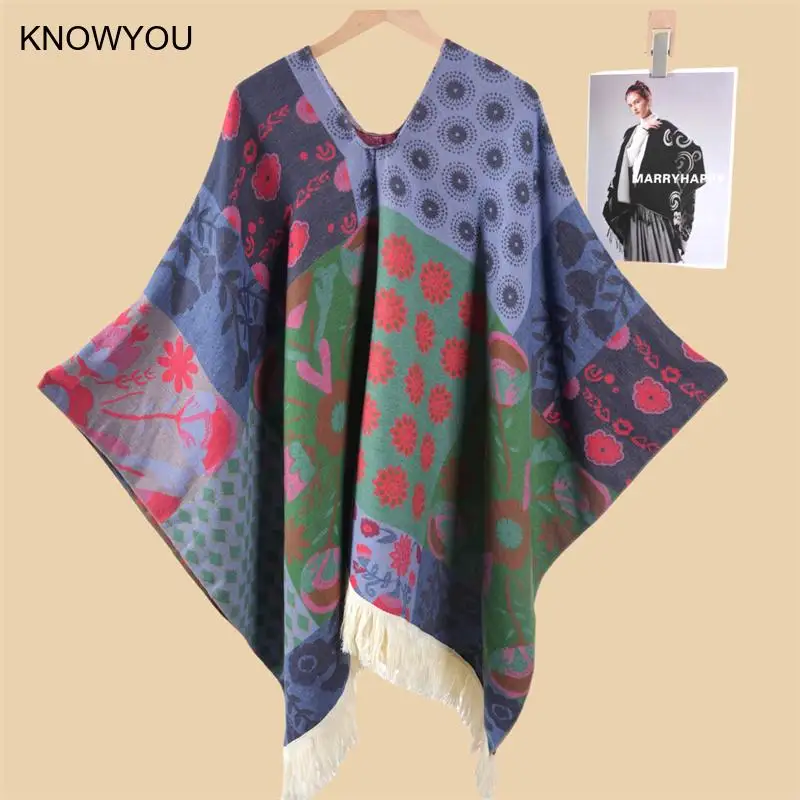 

Осень 2023, новый плащ, длинный пуловер с кисточками, пончо, женский палантин с цветочным принтом, шаль из искусственного кашемира и накидки, свободная куртка