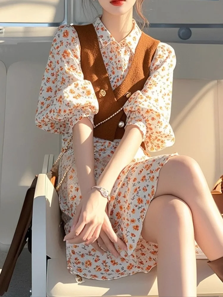 

Frence Sweet Matching 2 Piece Sets for Women Brown Vest Jackets and Orange Floral Dresses Casual Boho Vacation Dress Large Size