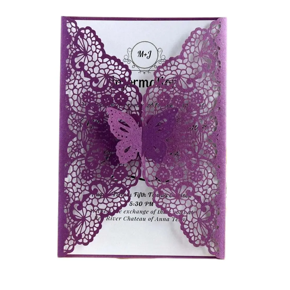 100Pcs Colorful Butterfly Marriage Invitations Custom Purple White Red Wedding Bridal Shower Party Greeting Cards With Envelope