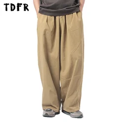 Solid Color Cargo Pants Mens Amekaji Safari Style Elastic Waist Loose Wide leg Trousers Men