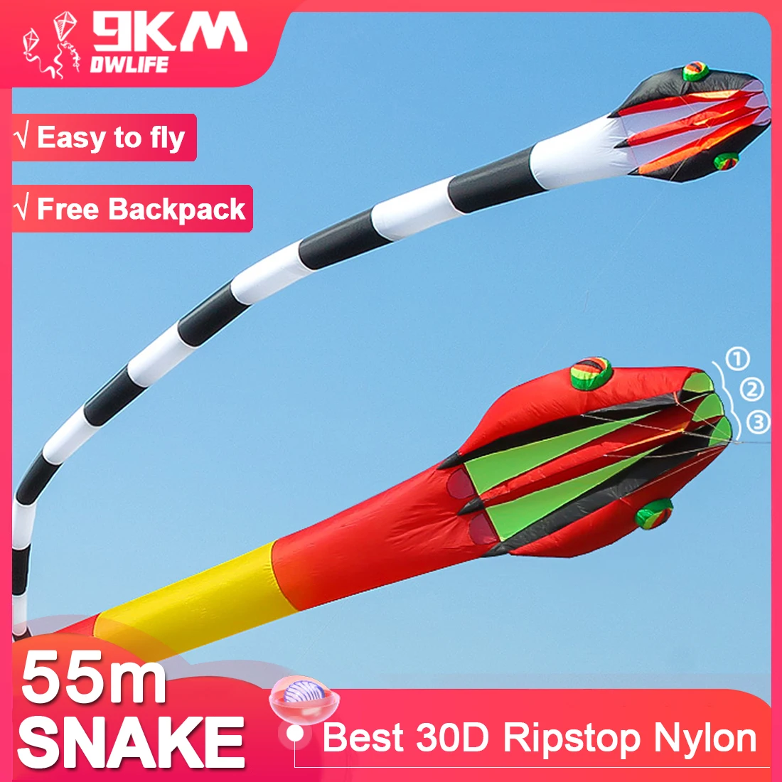 

9KM 55m Super Huge Snake Kite Big Single Line Soft Inflatable Kite 30D Ripstop Nylon Fabric for Adult with Bag