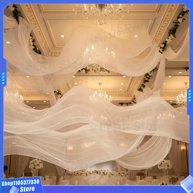 Elegant Pure White Chiffon Ceiling Pendant for Wedding Hall Decoration Exquisite Roof Design Event Drape Hanging Ornament