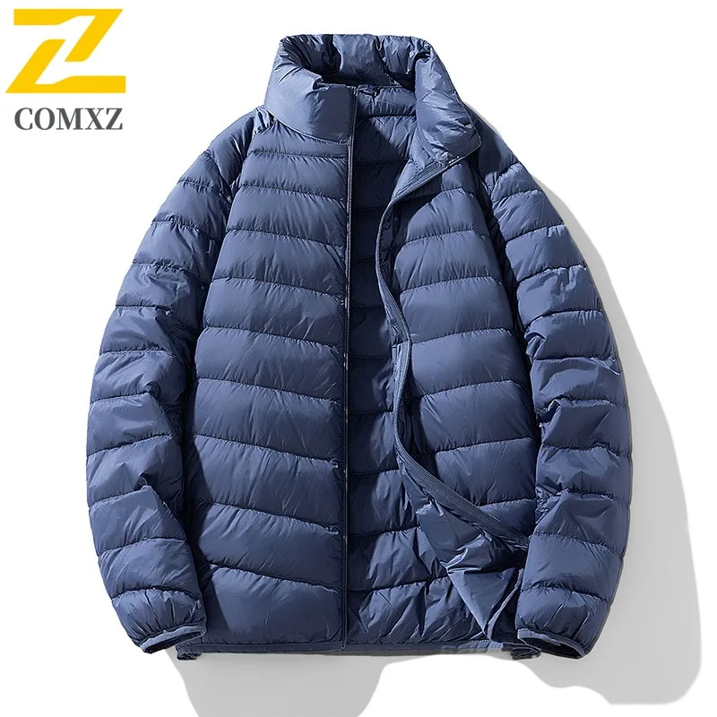 COMXZ Winter Stand Collar Down Jacket Men Korean Style Solid Color Thin Warm White Duck Coat Lightweight Comfort Office WorkWear
