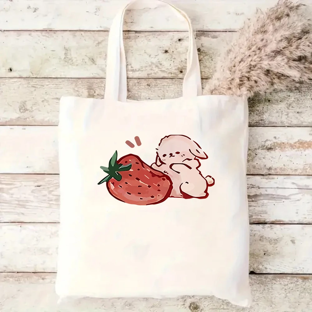 

Bunny and Strawberry Canvas Tote Bag Cute Cartoon Shoulder Bag