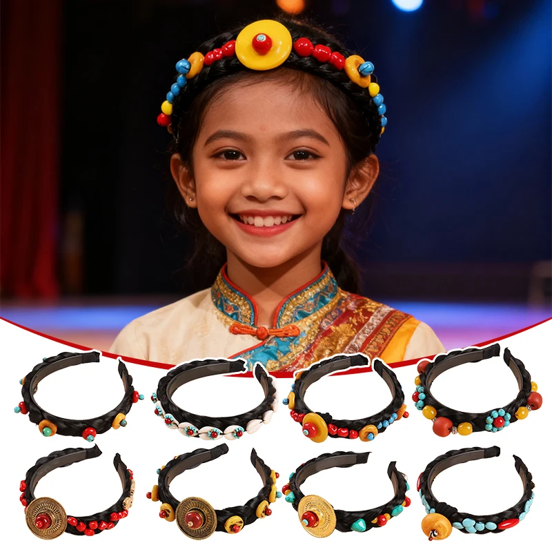 

Ethnic Style Hand-woven Hairband Wig Headband Faux Braids Gem Beads Hair Hoop Hanfu Headwear Tibetan Dance Hair Accessories
