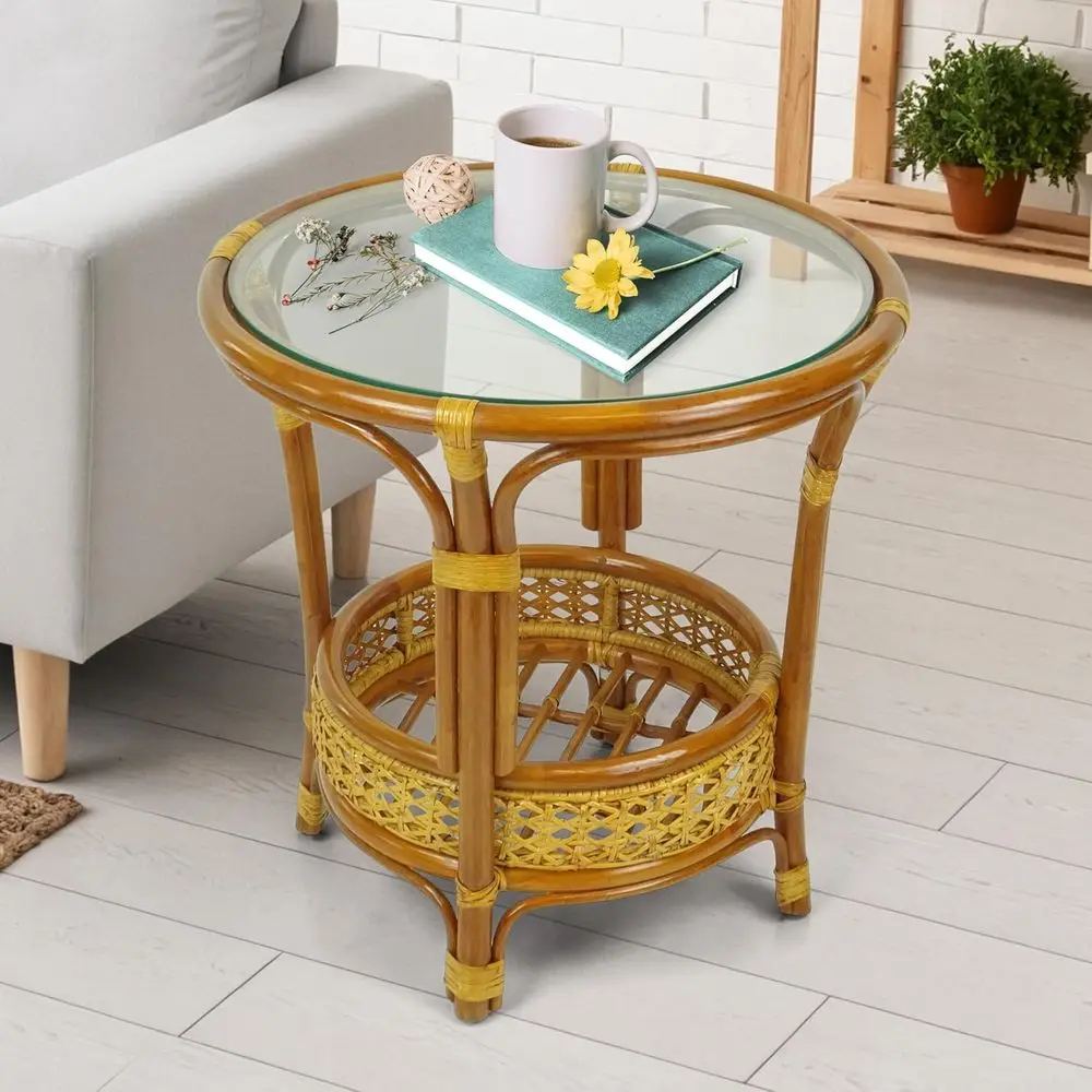 Eco-friendly Rattan Wicker Coffee Table with Glass Top, Handcrafted in Colonial Style