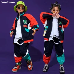 Boys Hip Hop Contrast Jacket Street Dance Loose Pants Girls Patchwork Coat Joggers Child Jazz Sport Clothes Sets Kids Streetwear