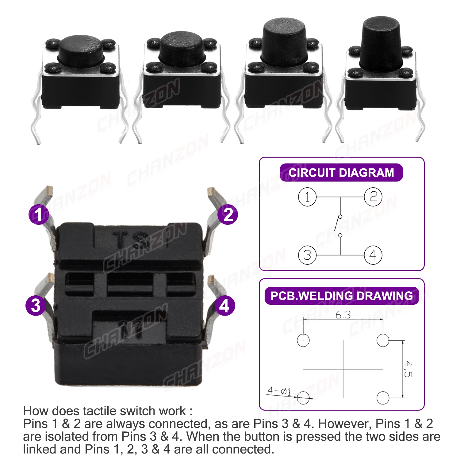 6x6mm x 4.3 / 5 / 6 / 7 mm Micro Push Tact Switch 2 / 4pin Touch Button Mini Tactile Pushbutton Toggle Pcb Momentary Push-button