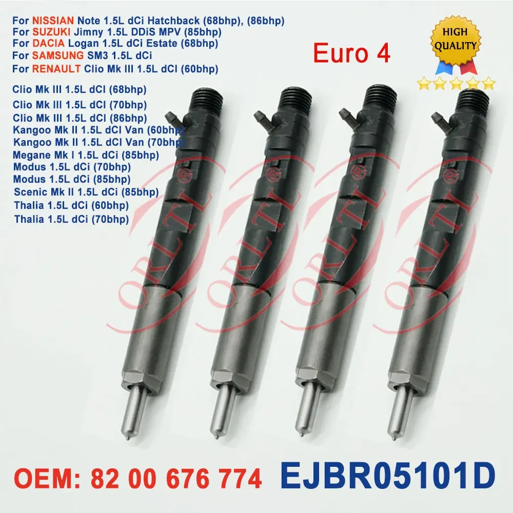 

4PCS EJBR05101D New Fuel Injector 8200676774 Diesel Nozzle 5101D for RENAULT 82 00 676 774 Clio Kangoo Modus Euro 4