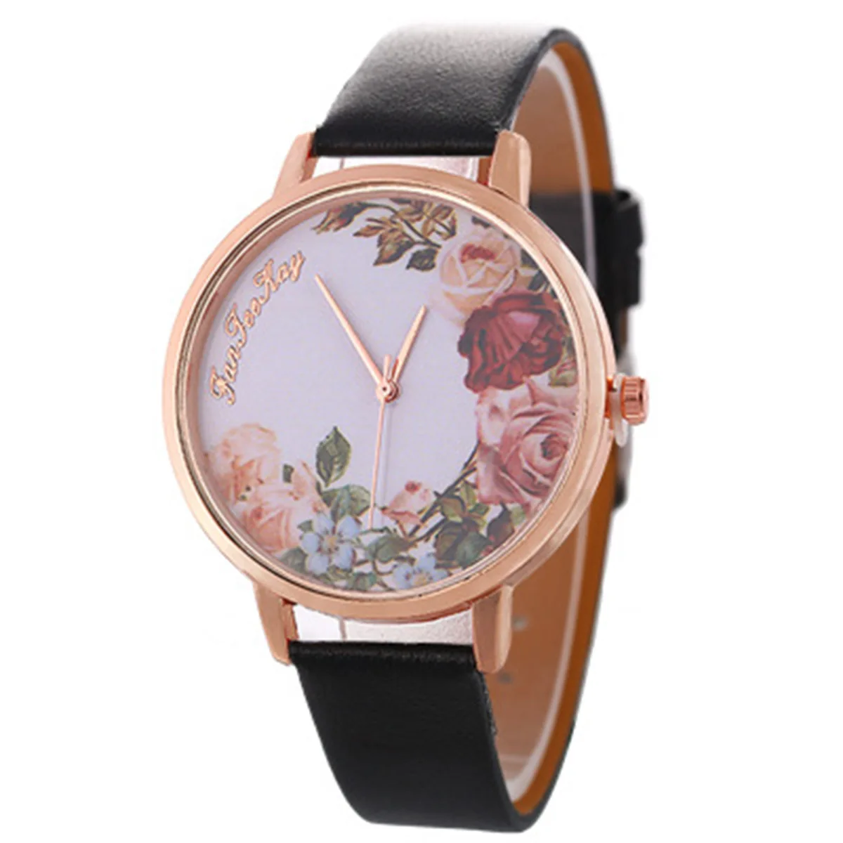 fashion flower pattern pu leather quartz women casual watch