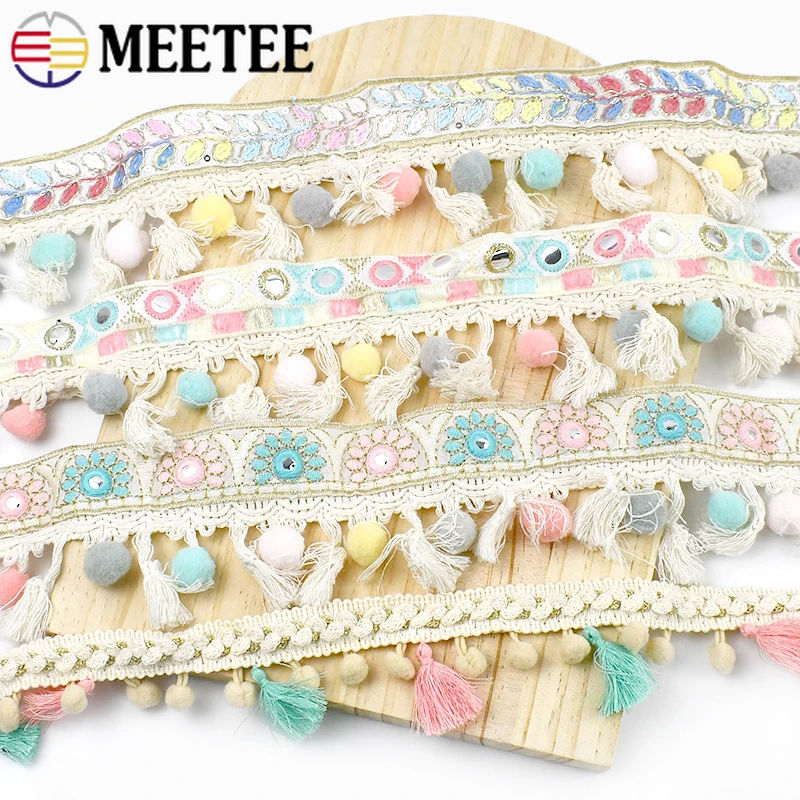 1/3Meter Meetee Ethnic Embroidered Jacquard Tassel Hairball Lace Ribbon Trim DIY Craft Hometextile Cloth Decoration Accessories