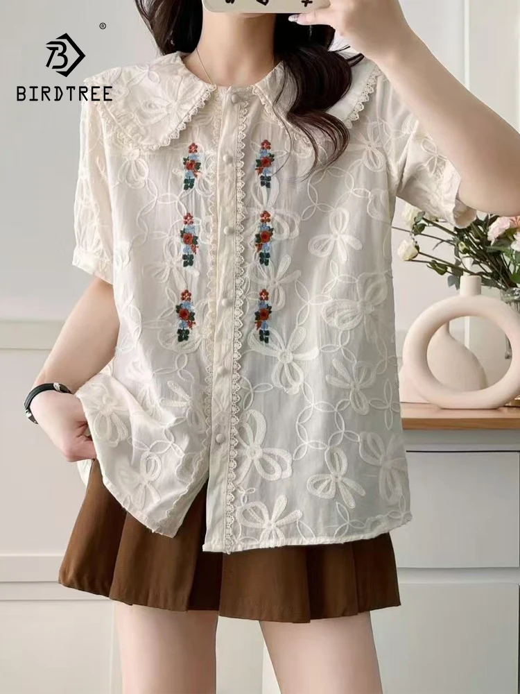 

New 2026 Summer Women Cotton Short Sleeve Shirt, Peter Pan Collar Embroidery, Mori Girl Sweet Japan Style Loose Blouse T63818CC