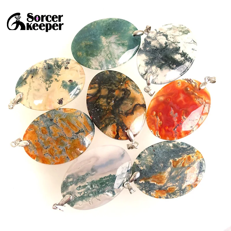 

Women & Men Fashion Jewelry Oval Shape Pendants Necklaces With Chain Wholesale Dendritic Moss Agate Quartz Gemstone BH199