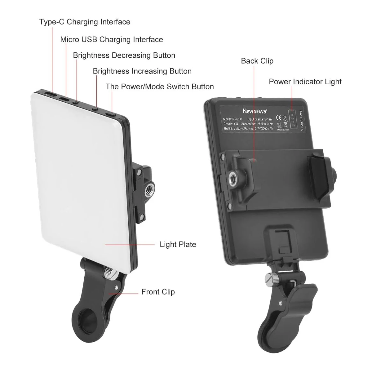 60 LED High Power Rechargeable Clip Fill Video Conference Light with Front & Back Clip, Adjusted 3 Light Modes for Phone, iPhone