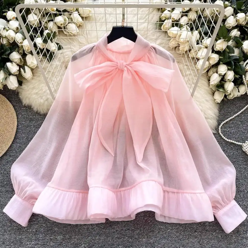 Vintage Light Ripe Wind ขั้นสูงเสื้อชีฟองพัฟเสื้อ \ \ \ \ \ \ \ \ \ \ \ \ \ \ \ Bow หลวมตาข่าย Elegant เสื้อ Office Lady เกาหลี Blusas