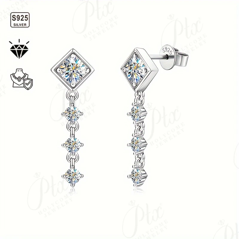 

S925 Sterling Silver Gold Plated Square Shape Brilliant Cut Earrings White Black Moissanite Stones Screw Back Fine Jewelry Gift