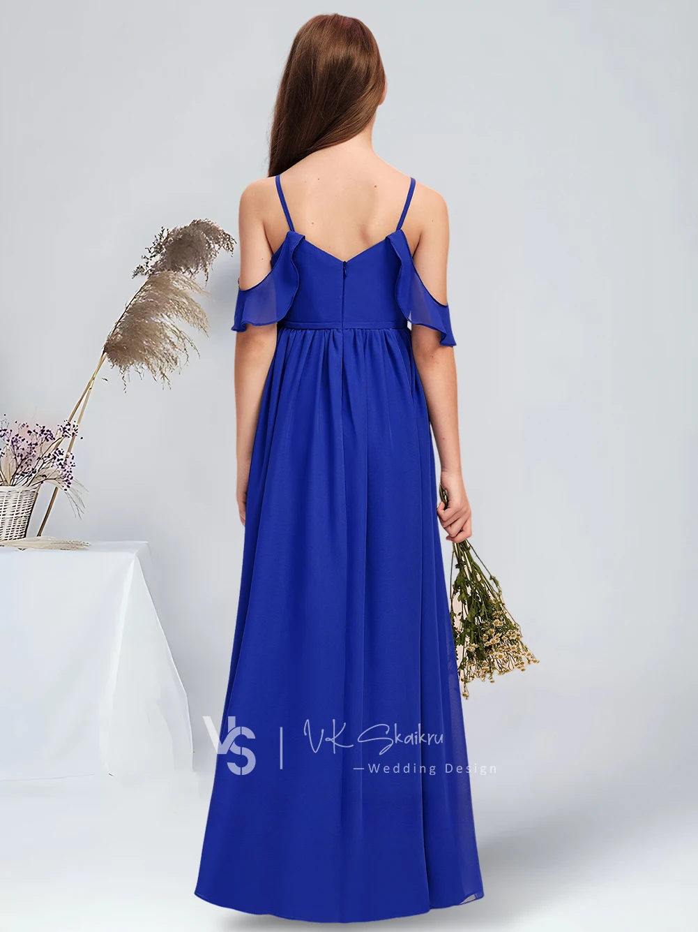 Vestido de dama de honor junior de gasa hasta el suelo con hombros descubiertos y corte en A, vestido de niña de flores azul real, vestido para adolescentes para ocasiones especiales