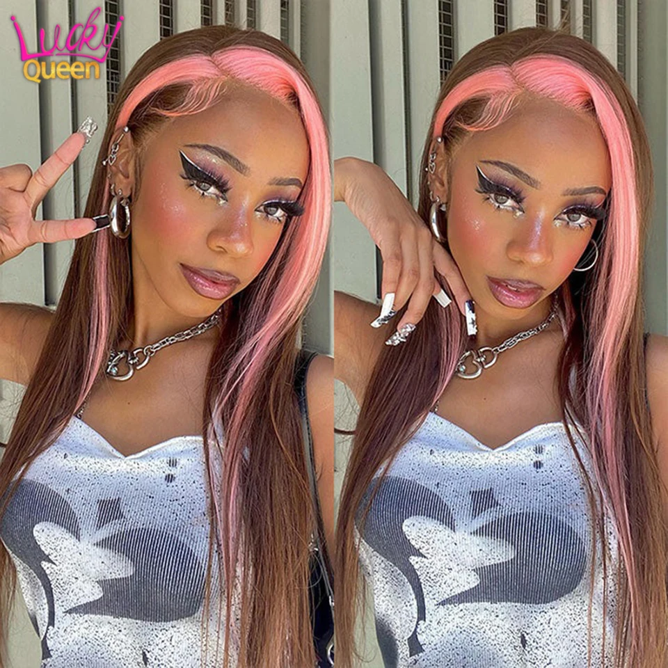 Pink Stripe Lace Front Wig Human Hair 13X4 Brown Hair Pink Highlights Straight Hair Colored Lace Front Wigs For Black Women