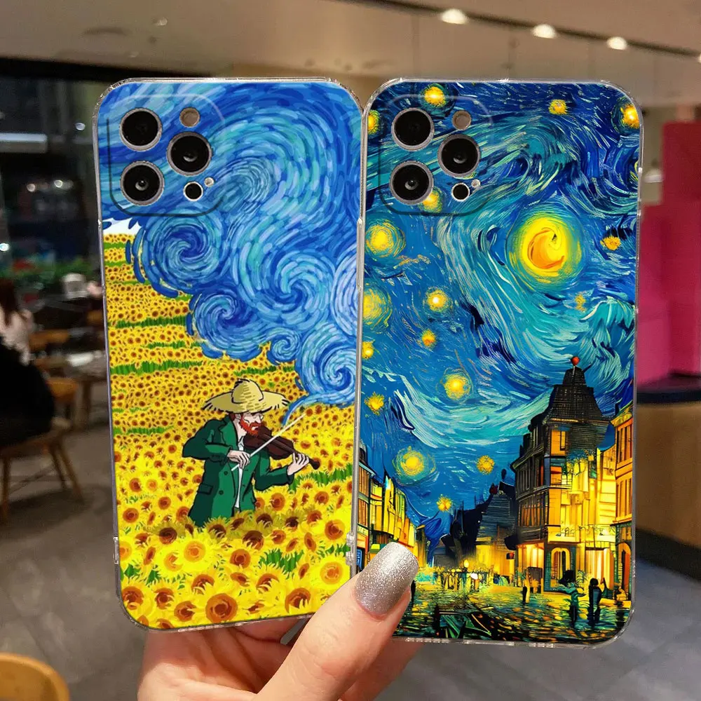 Van Gogh Cafe Terrace Starry Night Sunflower Clear Phone Case For iPhone 11 15 14 Pro Max 12 13 Mini 16 Pro Plus XS 8 Cover Case