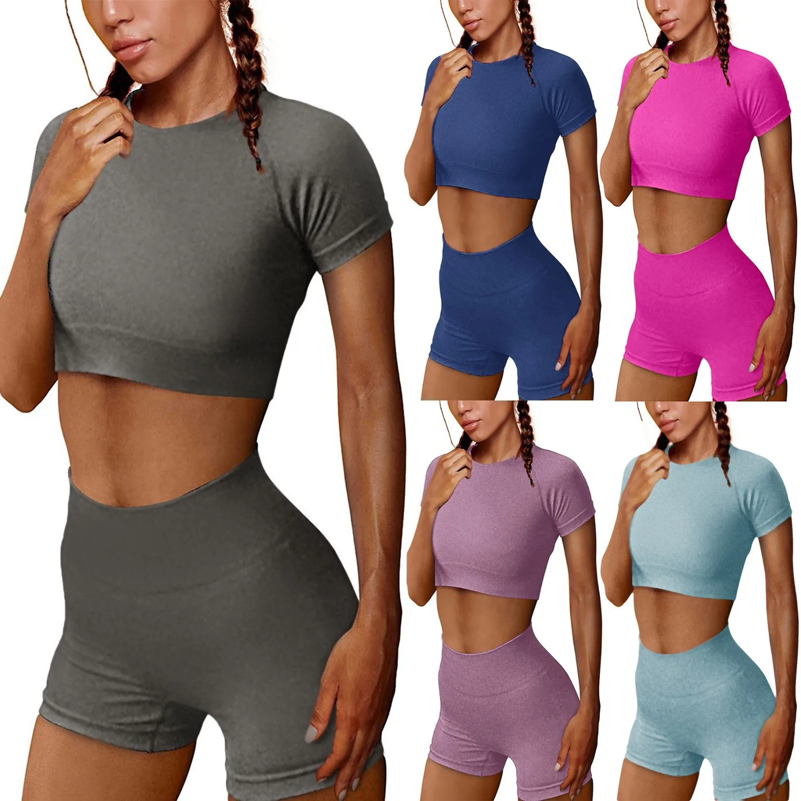 Women's Yoga 2 Piece Workout Short Sleeve Crop Top with High Waisted Running Shorts Seamless Sets Activewear