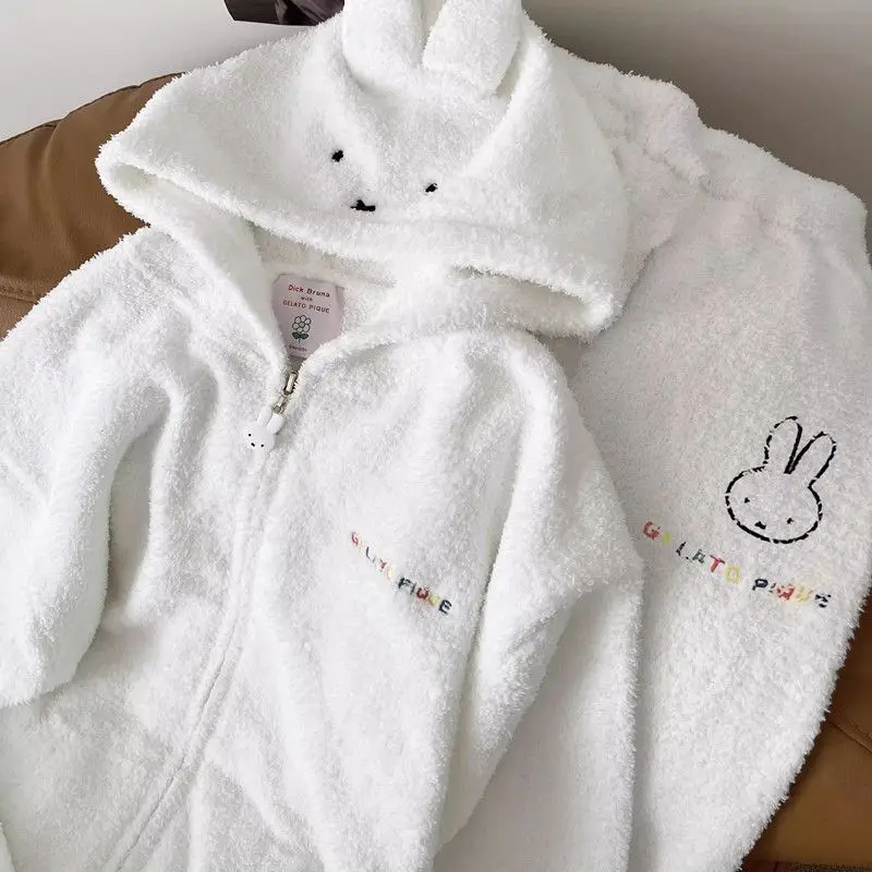 Kawaii Miffy Women's Autumn Winter Thick Plush Sleepwear Cartoon Cute Miffyrabbit Warm Outdoor Home Suit Set Girl Christmas Gift