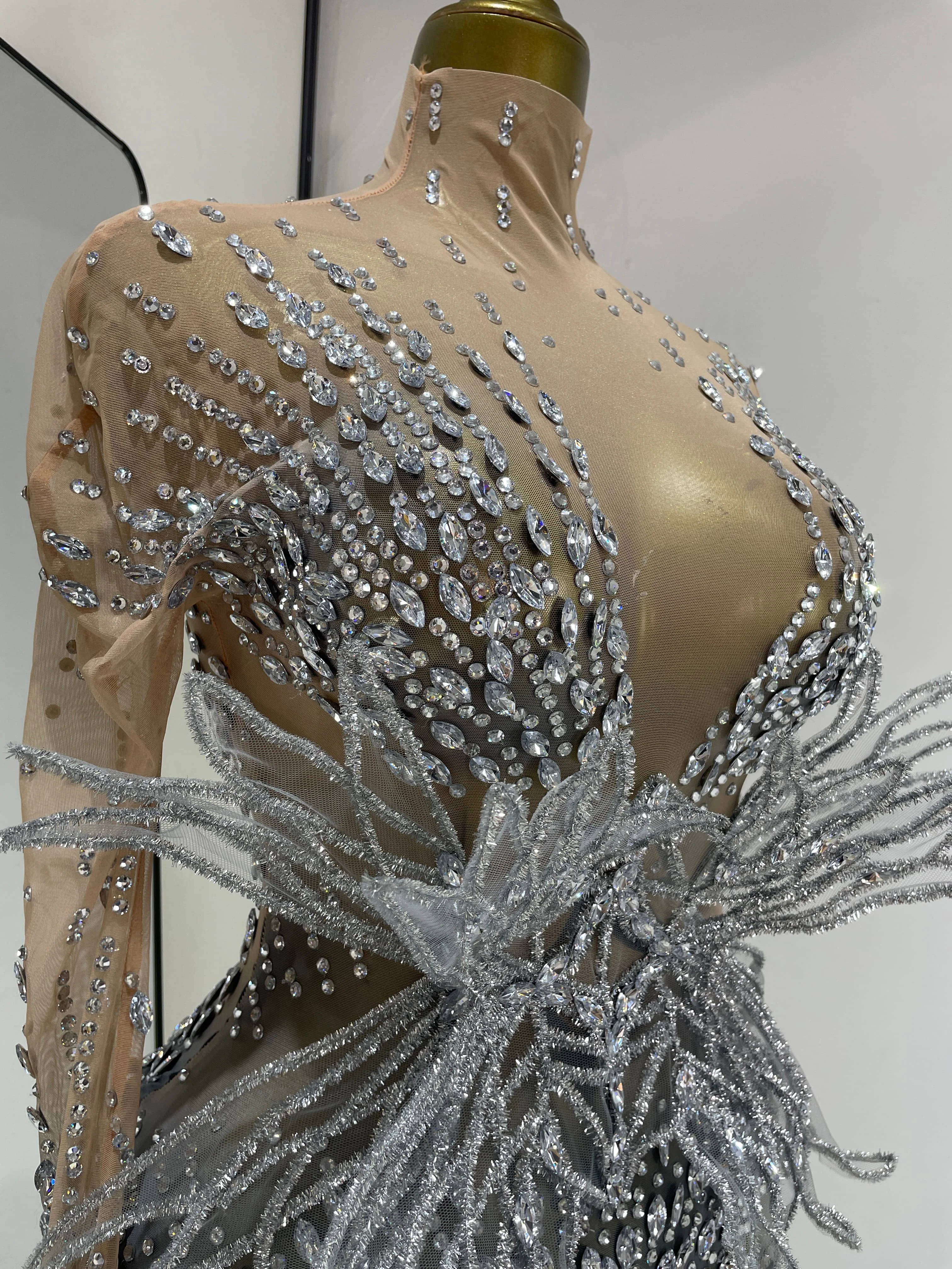 Real Photos Women Sparkly Rhinestones 3D Deco Sheer Transparent Thigh High Pole Dancing Performance Costumes Adult Show Clubwear