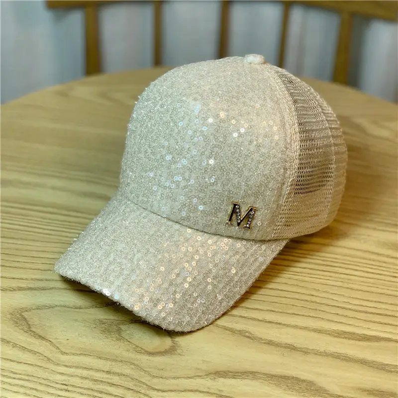 New Summer Hollow Breathable Mesh Sequin Baseball Cap Women\'s Fashion Rhinestone Letters Solid Color Sun Hat Hip Hop Chapeau