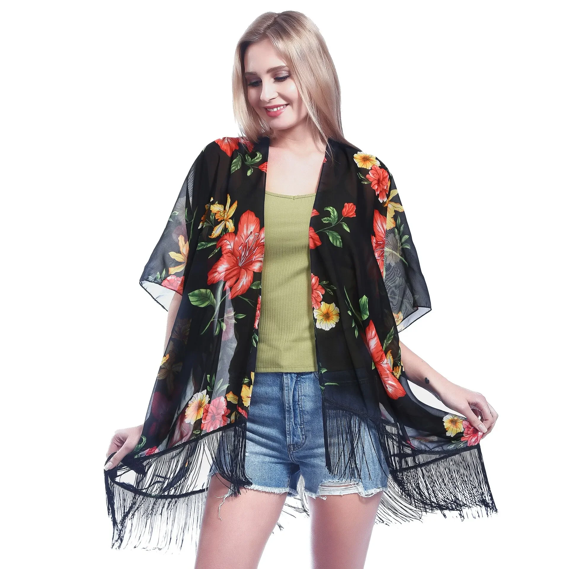 

New Chiffon Flowers Printed Shawl Outdoor Sunscreen Sunwear Fashion Printing Beach Towel Air Conditioning Towel