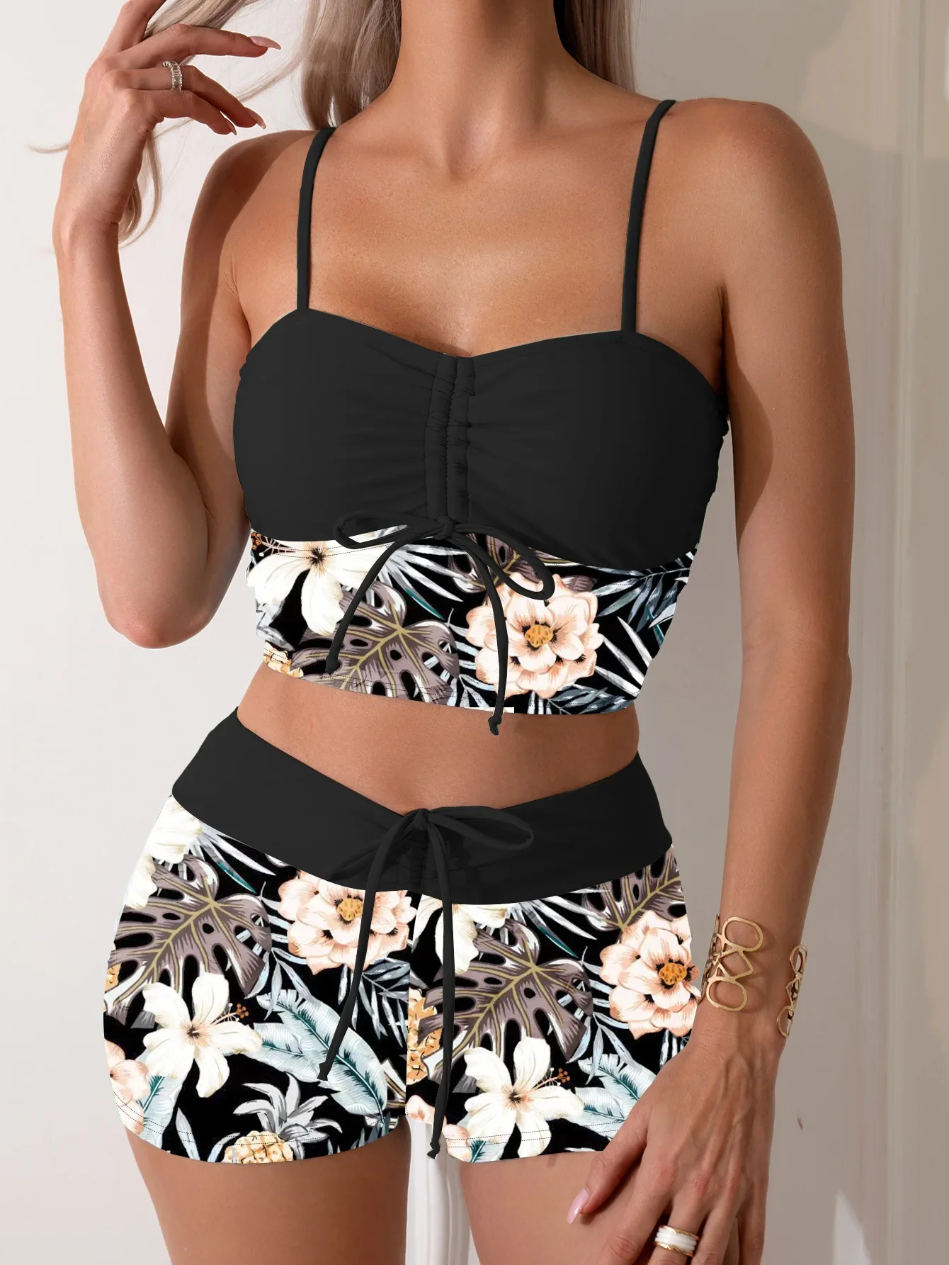 Conjunto de biquíni tankini de cintura alta feminino flor impressão cordão rendas 2 peças maiô verão praia férias suspender banho