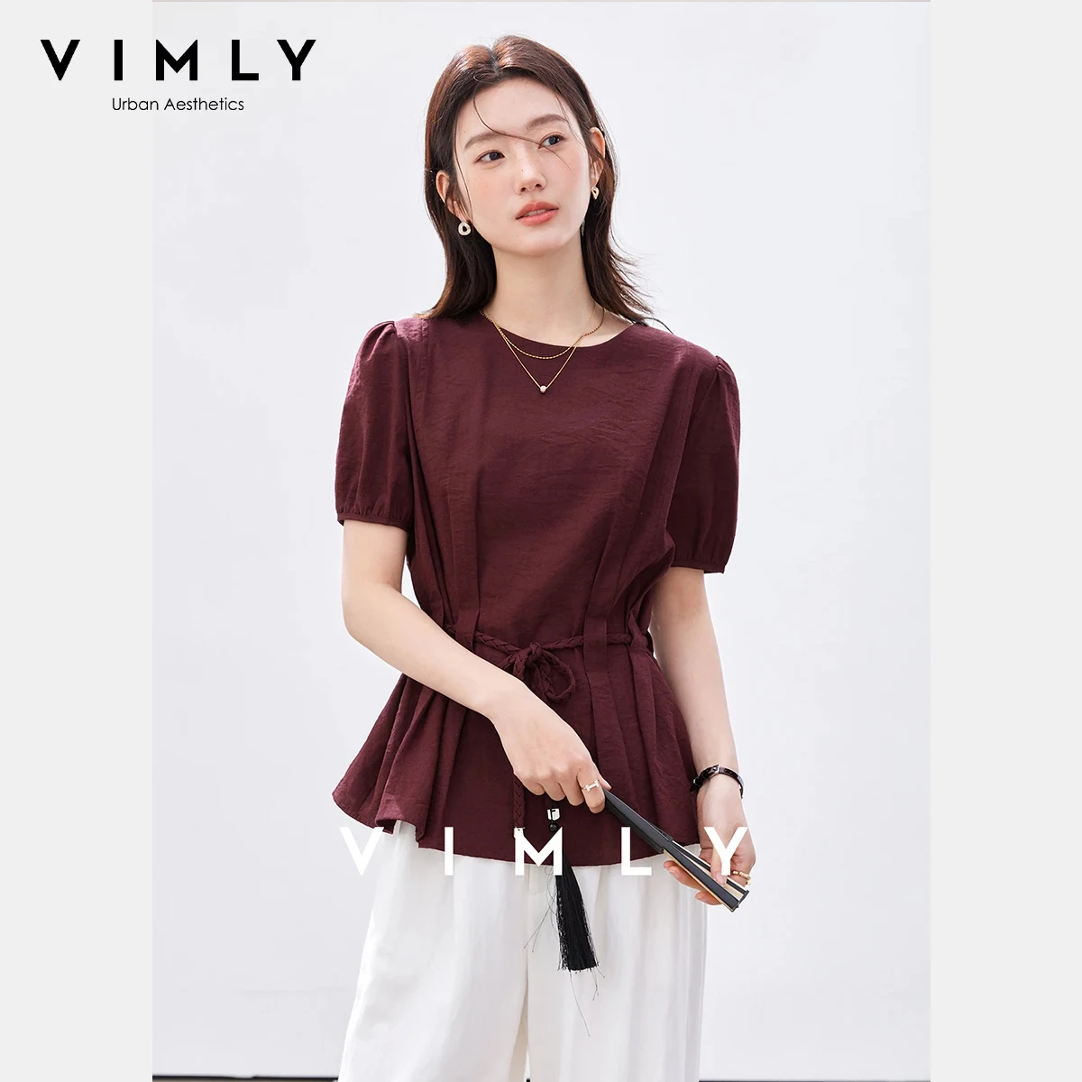 

VIMLY Women's Elegant Short Sleeve Shirt 2026 Summer New French Round Neck Puff Sleeve Tie Waist Casual Daily Blouse A3879