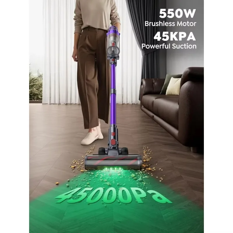 Cordless Vacuum Cleaner, 550W 45KPA 60 Mins Runtime Vacuum Cleaners for Home, Stick Vacuum with Self-Standing, Wall Mount Chargi