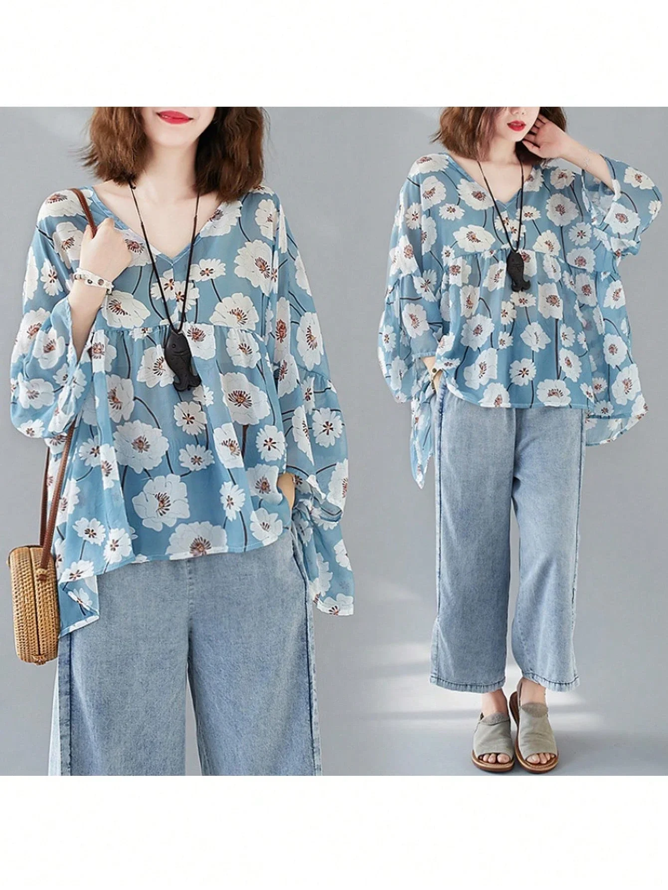 

Women V-Neck Floral Chiffon Blouse Loose Batwing Sleeve Casual Top