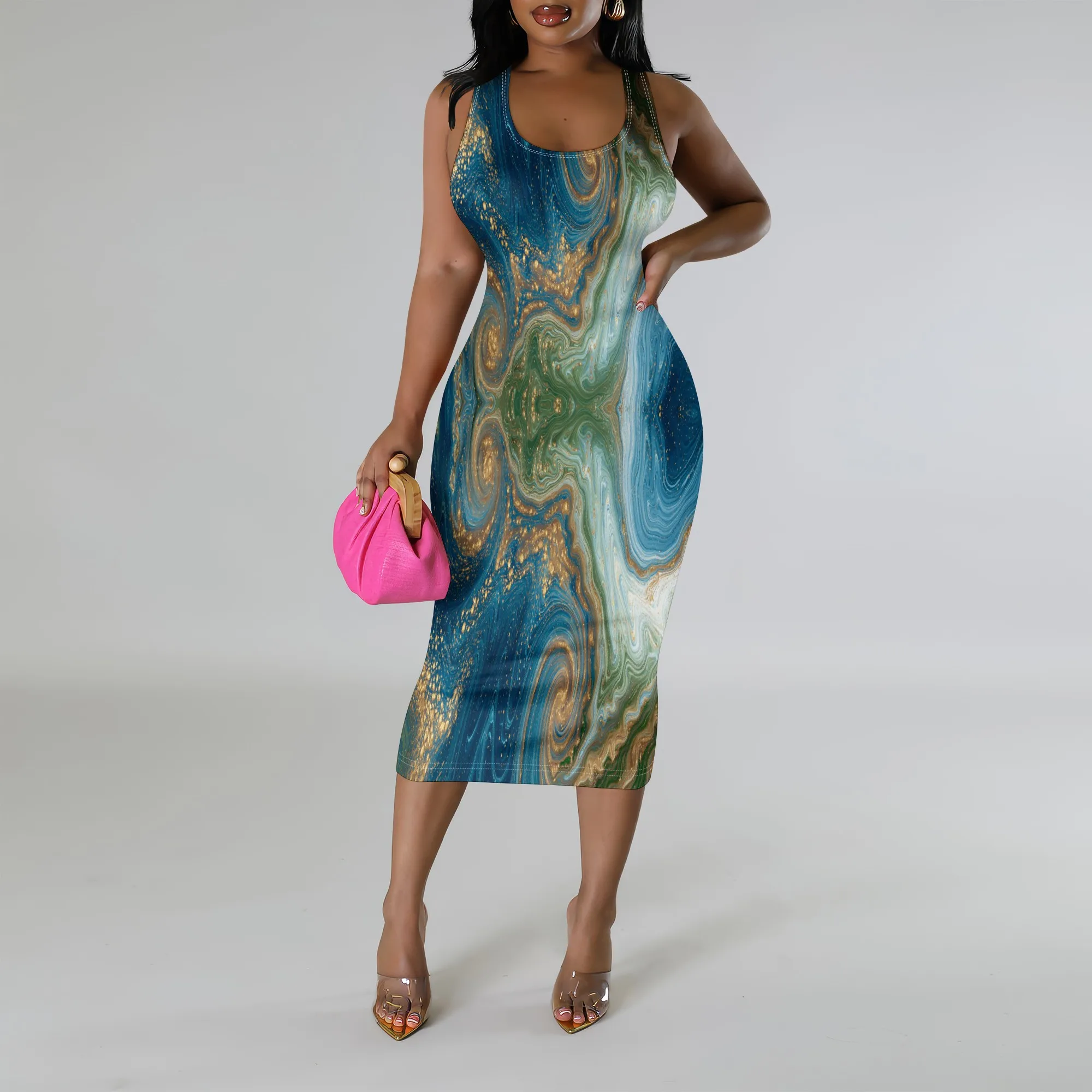 

Green Blue Marble Swirl Print Bodycon Midi Dress XS‑3XL Sleeveless Style for Art Show, Streetwear or Cultural Festival Look