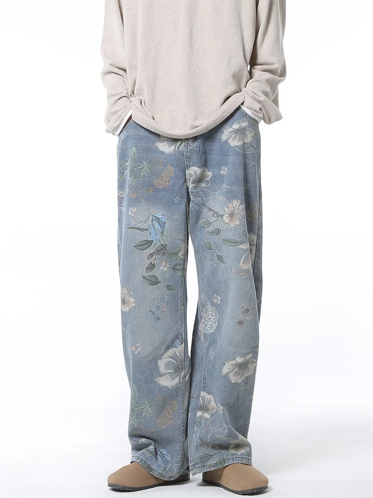 

Trendy American Hip Hop Printed Jeans Men's Autumn Straight Leg Floor-Length Pants CleanFit Wide Leg Jeans Casual Youthwear