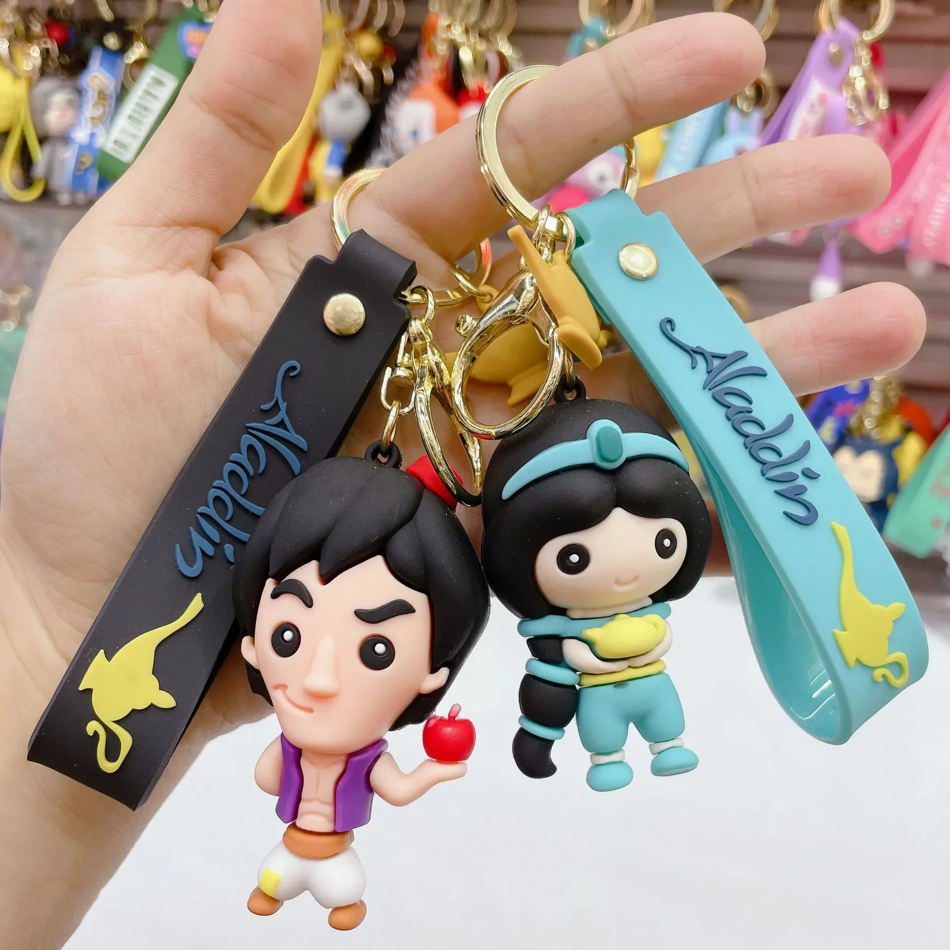 Disney Cartoon Movie Aladdin Figure Pendant Keychain Lovely Jasmine Princess Genie Keyring for Women Men Kids Fans Accessories