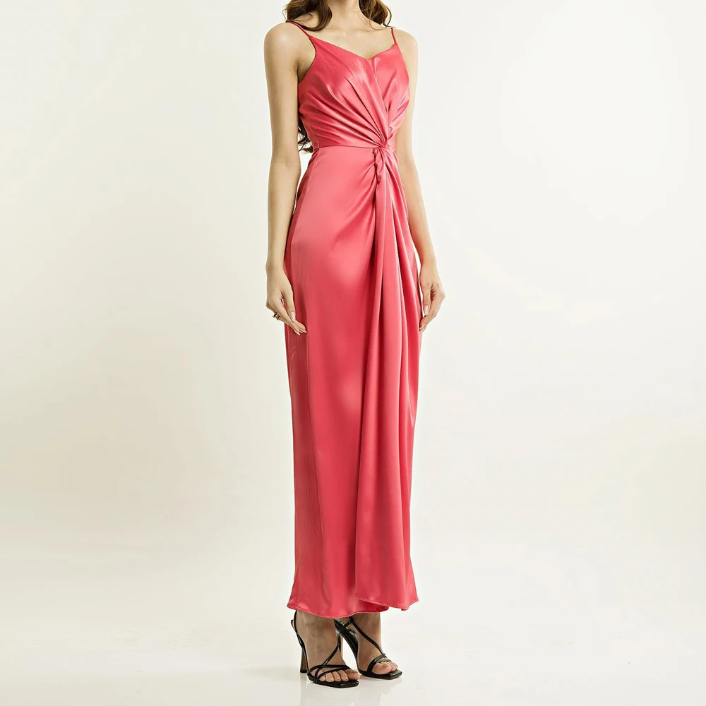 

Customized Satin Straight Spaghetti Straps Evening Dress Strapless Sleeveless Floor Length Solid Color Delicate Party Gowns