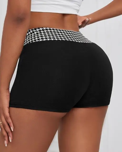 

Women's Fashion Thousand Bird Grid Slimming High Waist Knitted Casual Shorts Personalized Street Female Sexy Vintage Shorts