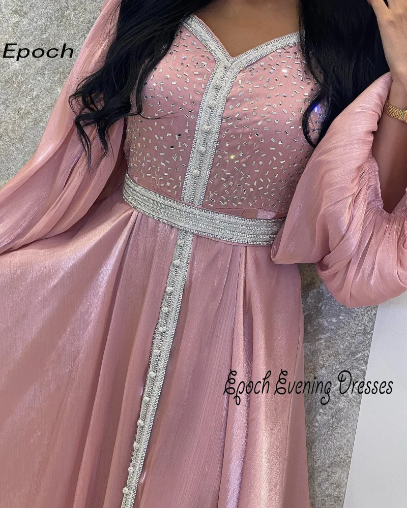 Epoch Evening Dress a-line elegante scollo a v muslimex squars cnain in cristallo lucido stile etnico rosa Arabia saudita Prom Gown Women 2024 New