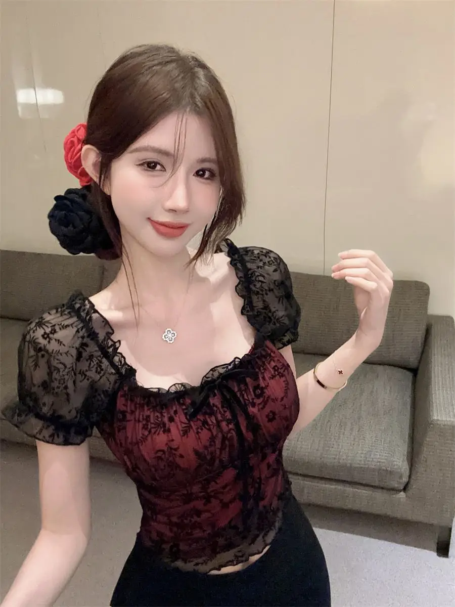 

French Puff Sleeve Square Collar Lace Shirt for Women Summer One-shoulder Mesh Versatile Top